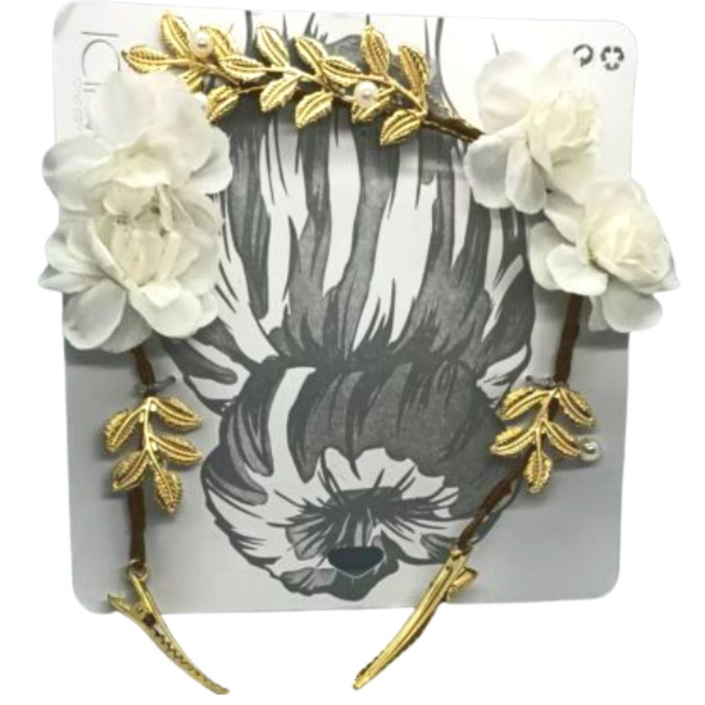 Headband with Faux Pearls Flowers Gold and White